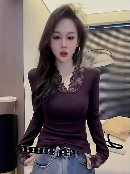 Pure Desire Women's Lace Patchwork V-Neck Long Sleeve Top - 2025