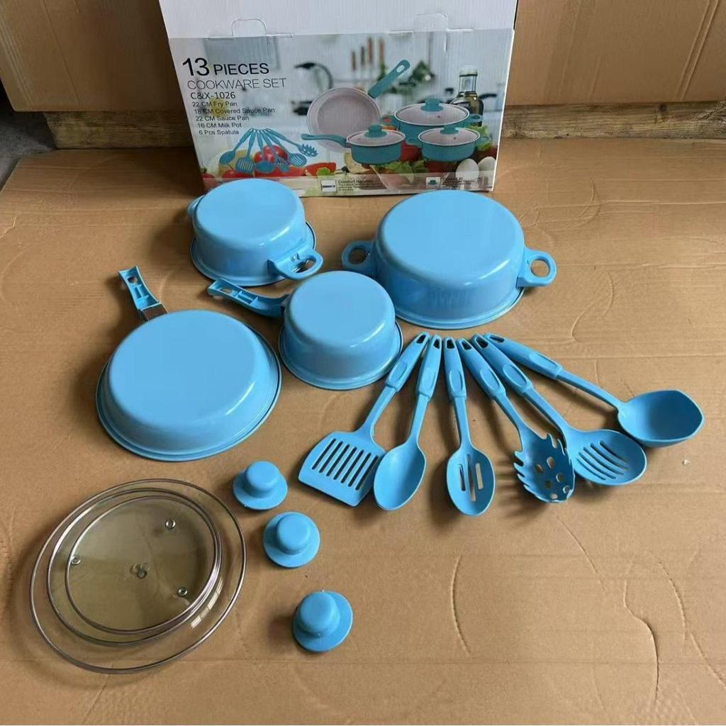 Thirteen-Piece Non-Stick Cookware Set: Includes Spatula, Soup Pot, Milk Pot, Frying Pan, and More.