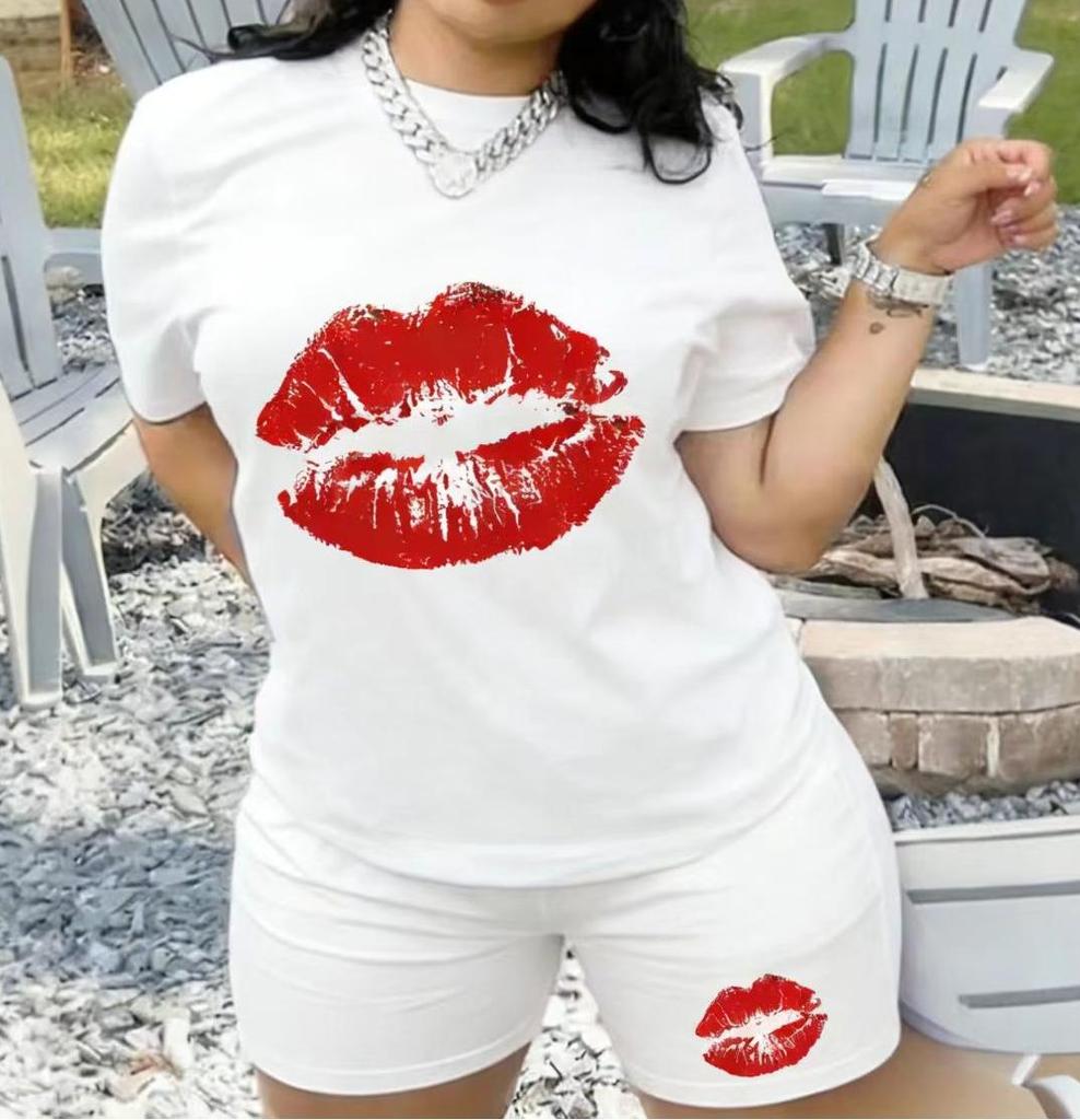 Women's 2-Piece Pajama Set Summer Short Sleeve T-Shirt & Shorts Red Lip Print Soft Cotton Loungewear