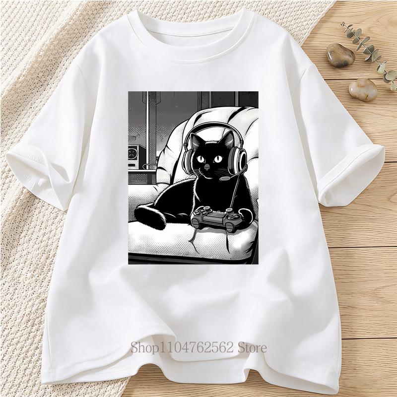 

Black Cat Graphic Print Unisex Tshits Summer Unisex Women Casual Fashion Funny Streetwear Y2K Tops Crew Neck Short Sleeve Tshirts S