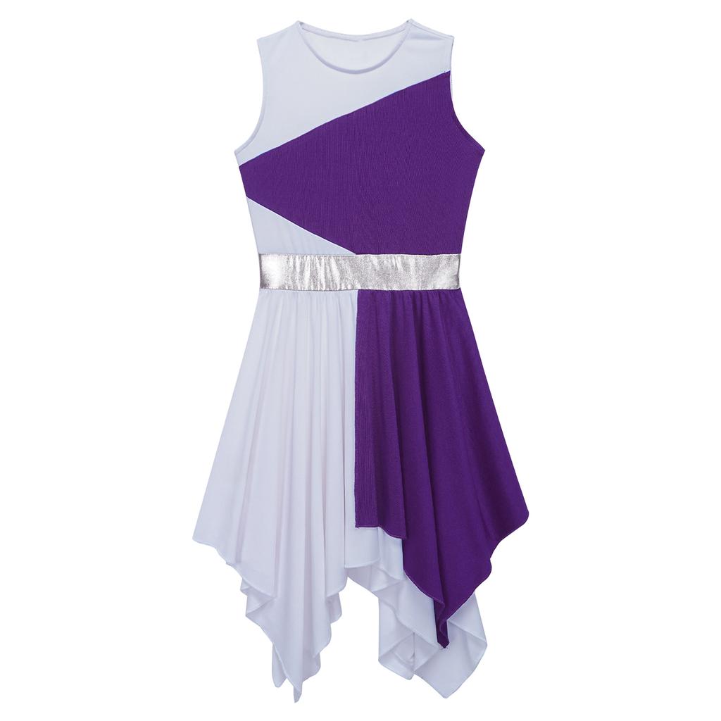 Kids Girls Sleeveless Lyrical Dance Costumes Contrast Color Asymmetrical Figure Skating Ballet Dress
