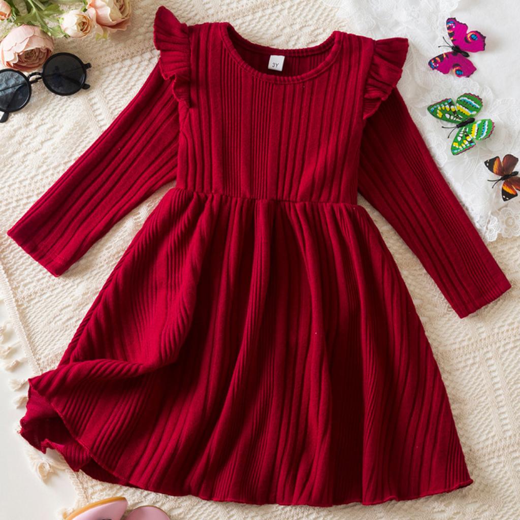 Girls Fashion Cute Fly Sleeve Long Sleeve Princess Dress Solid Color Dresses