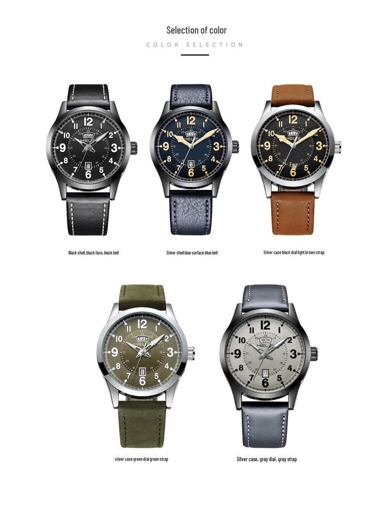 HELEI Wasserdichte Herren-Quarzuhr mit echtem Lederarmband - Modell H9019