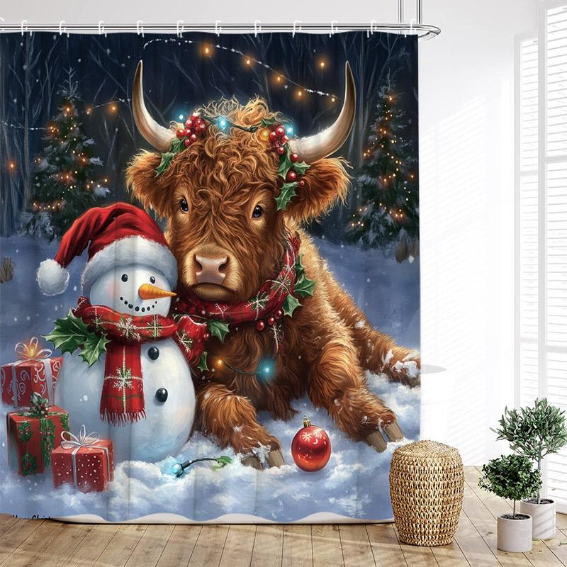 Julduschdraperier Söt Snögubbe Fåglar Ekorre Vinterskog Röda Bär Nyår Jul Badrumsgardindekor Med Krokar