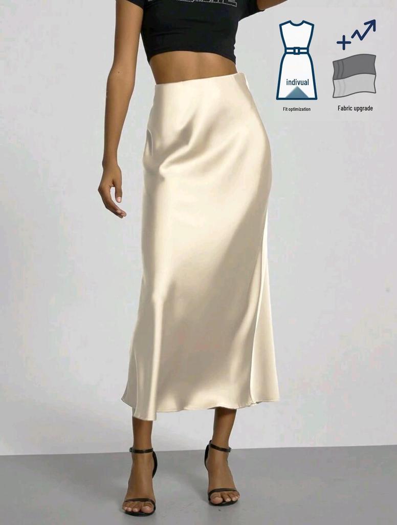 Elegant Satin Midi Skirt - Slim Fit, European Style