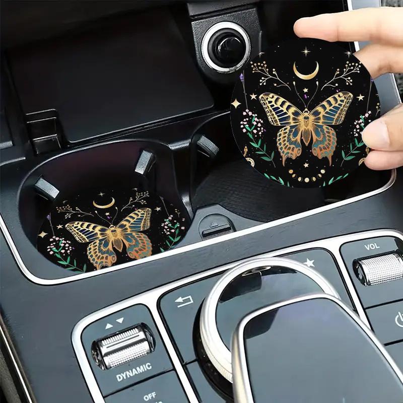 2pcs Elegant Golden Butterfly Car Cup Holder Coasters - Non-Slip, Removable & Reusable For Vehicle And Home Use