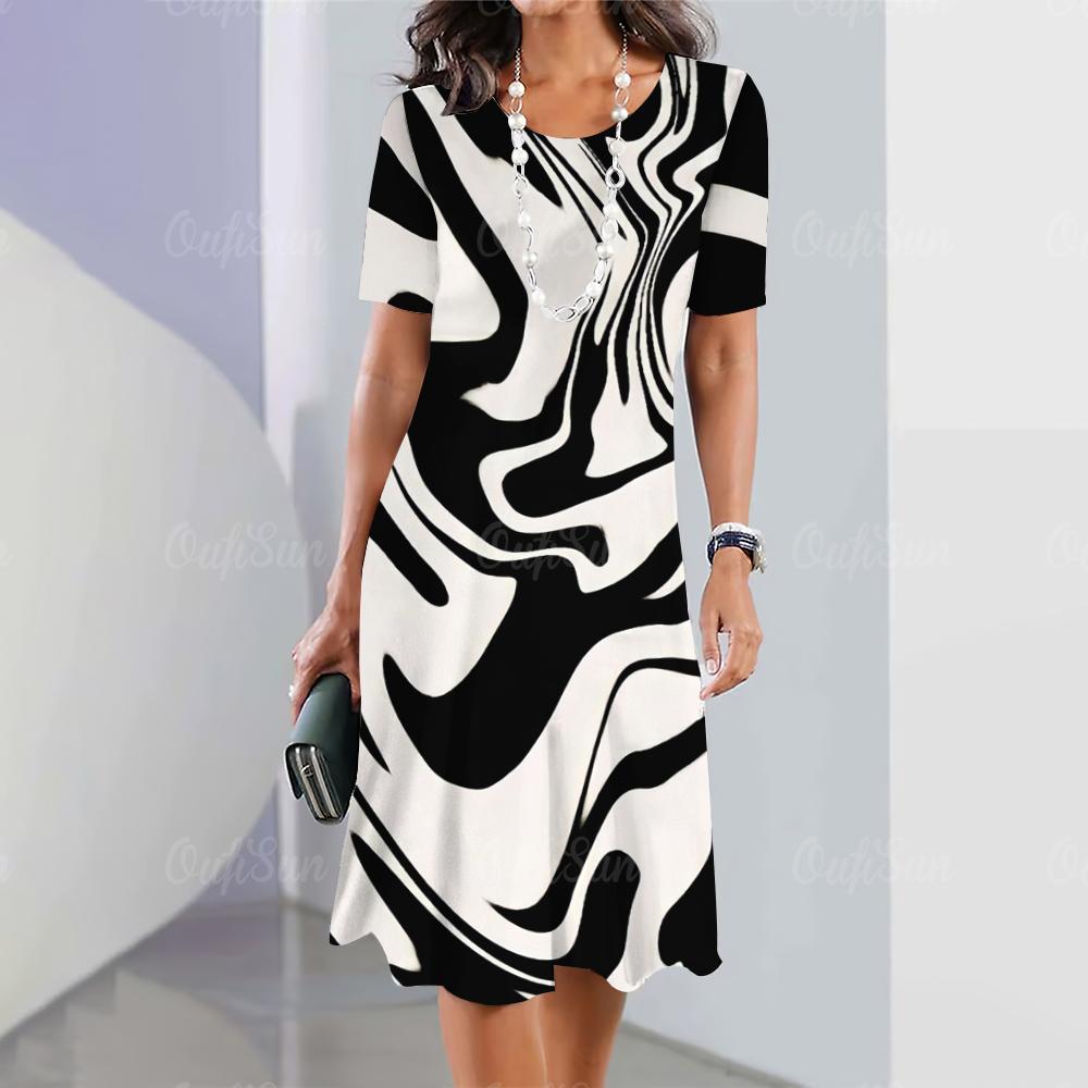 2026 New Fashion Striped Printed Dress Women s Elegant Casual Loose Short-sleeved Dress S