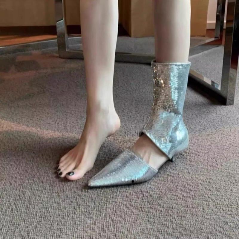 Fashion New boots women's summer short barrel pointed toe thin heel sequined cat heel fashion explosive temperament cool boots