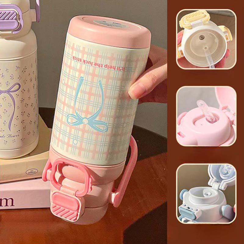 700ML Cute Bow Thermo Water Bottle For Girls Portable Handle 316 Double Drinking Outdoor Sports Straw Vacuum Thermal Bottle Gift
