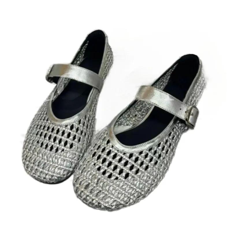 Siatkowe Puste Płaskie Sandały Buty Mary Jane Damskie Plecione Letnie 2025 Trend Płaskie Codzienne Mokasyny Nowe Skórzane Eleganckie Zapatos Mujer