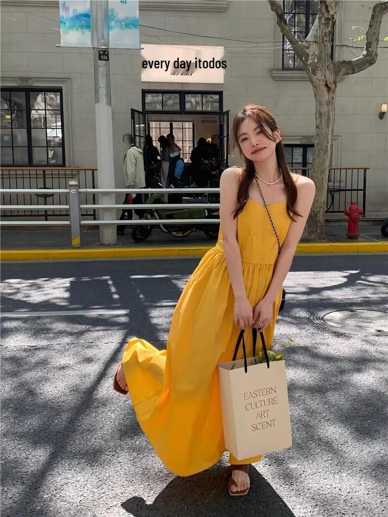 Yellow Spaghetti Strap Beach Vacation Dress: Women's Ruched Waist Slimming Backless A-line Long Dress