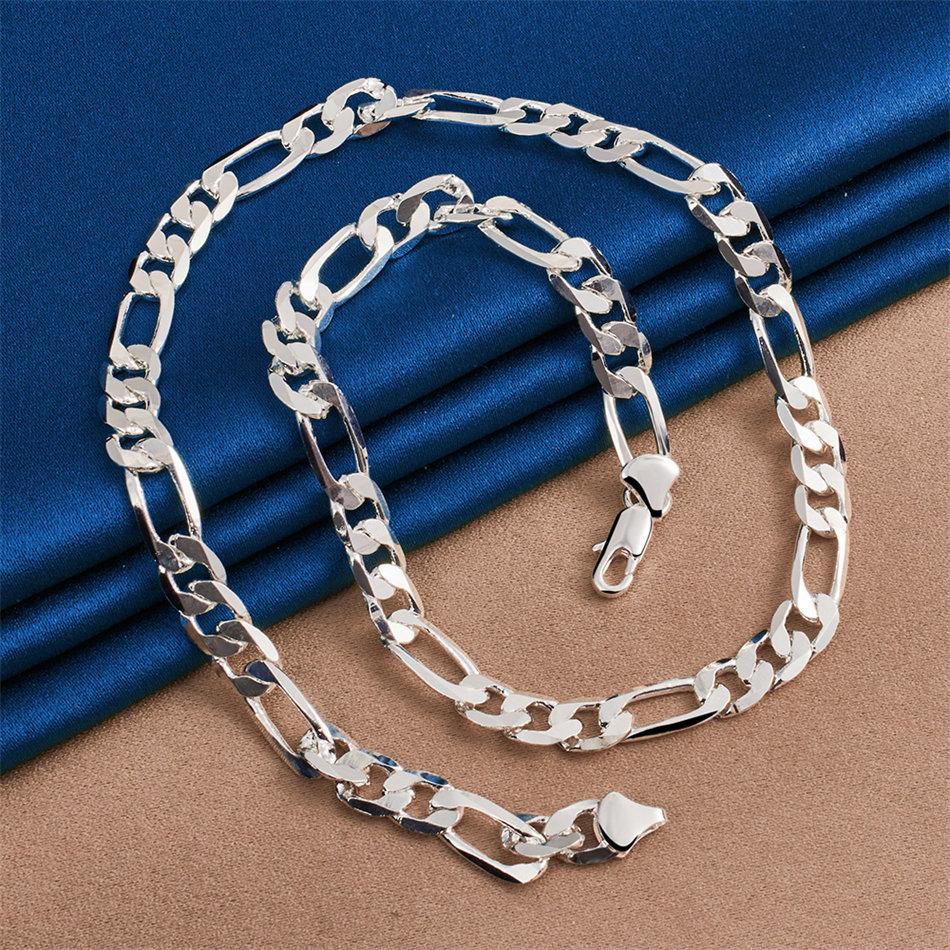 925 Sterling Silver Simple 8MM 16-30 Inch Figaro Chain Necklace Men Women Fashion Party Gift Jewelry