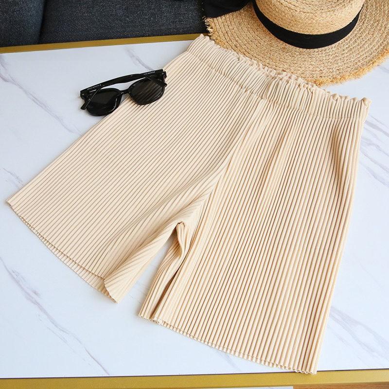Women Breezy Pleated Shorts Summer Loose-Fit High Waist Elastic Comfortable Wide Leg Casual Shorts
