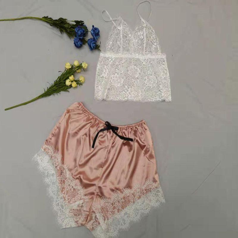 Ladies Two-Piece Pajamas with Suspen Sexy Sling Ultra-Thin Pajamas Two-piece Set