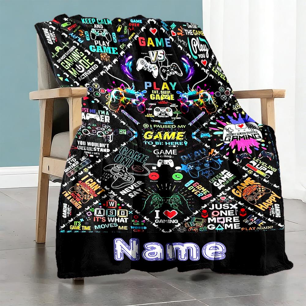 Game Elements Personalized Name Blanket Multi-purpose Customizable Blanket Comfortable Throw For Couch Livingroom Seaside Home Decor All-Season Use