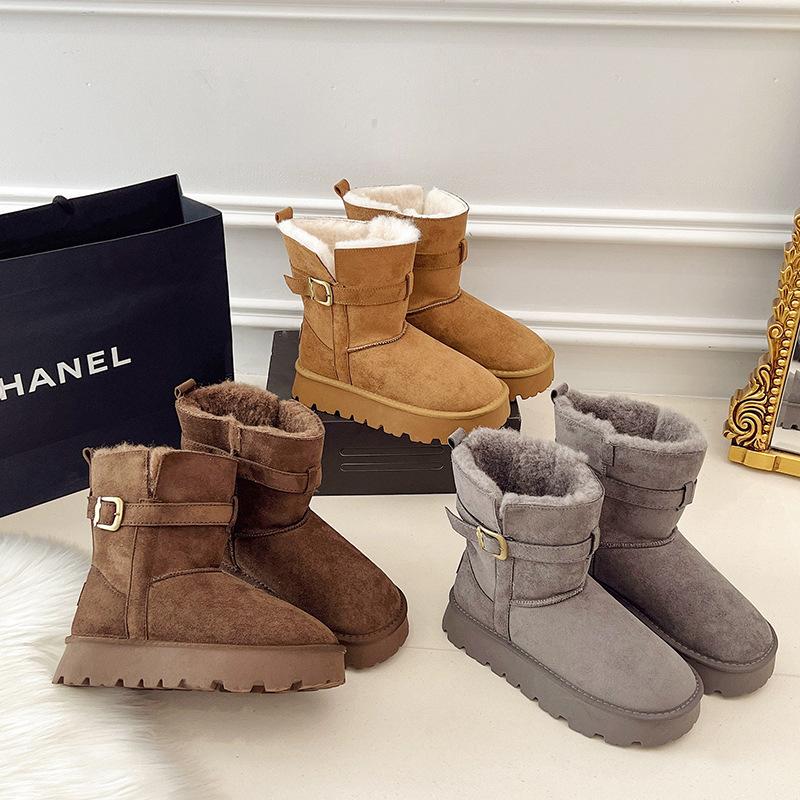 2025 winter two wear lapel thickened snow boots new thick-soled belt buckle thermal cotton shoes women's fluffy medium boots