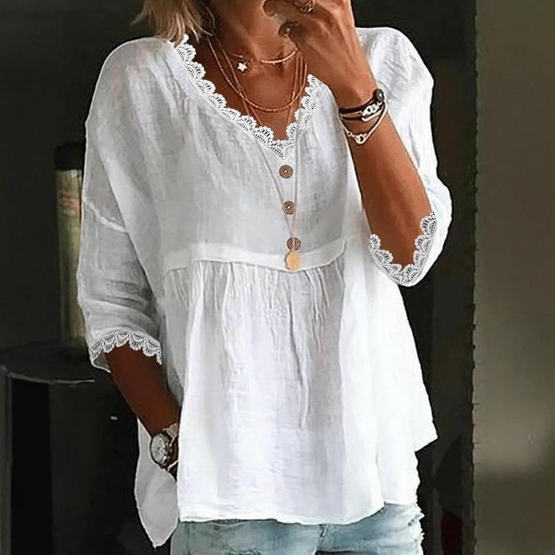 Blusa pullover casual da donna con scollo a V, manica a 3/4 e finiture in pizzo
