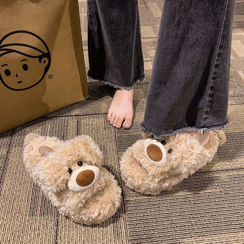 2025 autumn and winter new cartoon thick-soled fluffy slippers women wear open-toed plush home cotton slippers