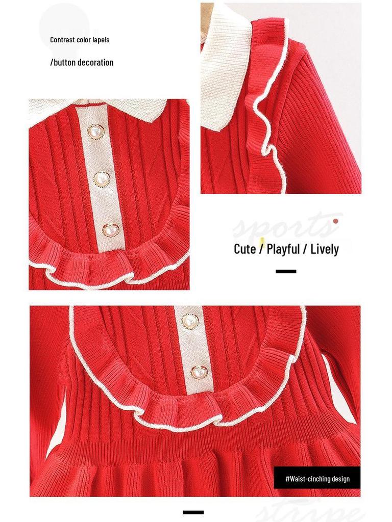 Girls' 2025 Princess Style Sweater Dress - Knitted Pullover for Spring & Winter, Korean Fashionable Wool Dress.