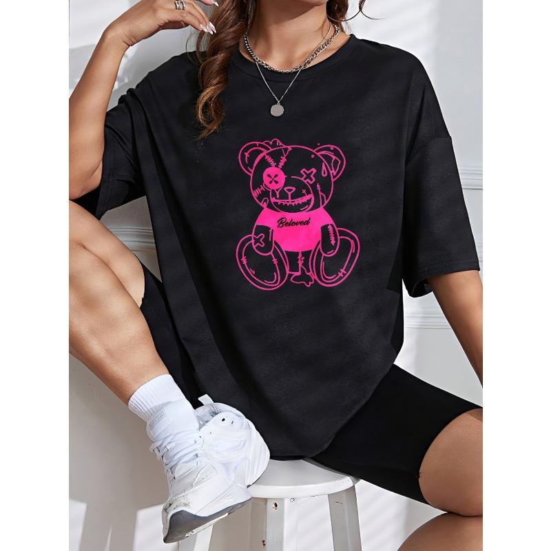 Crewneck T Shirt White Pink Teddy Bear With Beloved Text Graphic Print Casual Everyday Wear
