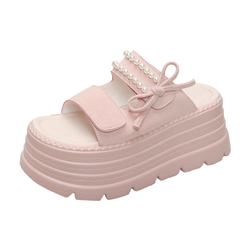 2025 new pearl fairy thick-soled cool slippers women wear small cross-heeled soft-soled slippers in summer