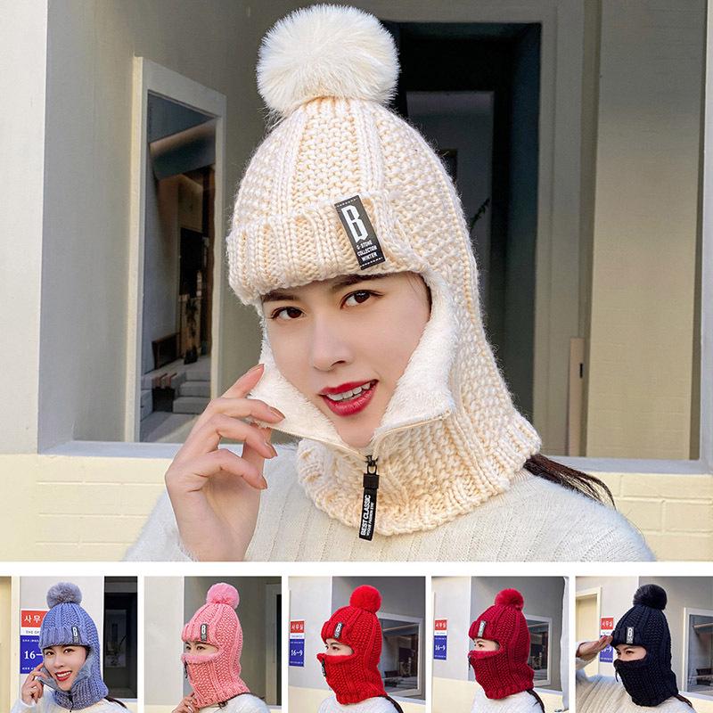 Women's Korean Style Velvet-Lined Knit Pullover Hat with Ear Protection and Zippered Neck Warmer for Winter Cycling
