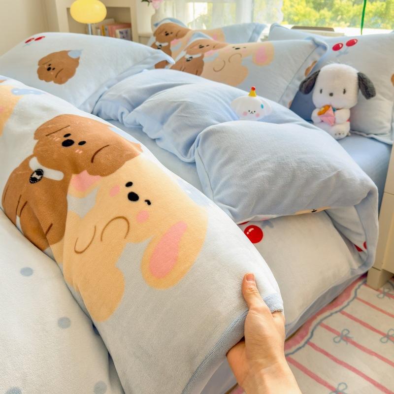 Thickened Milk Fleece Four-Piece Set Double-Sided Fleece Quilt Cover Coral Flannel Bed Sheet Quilt Cover Three-Piece Set Of Bed Hat