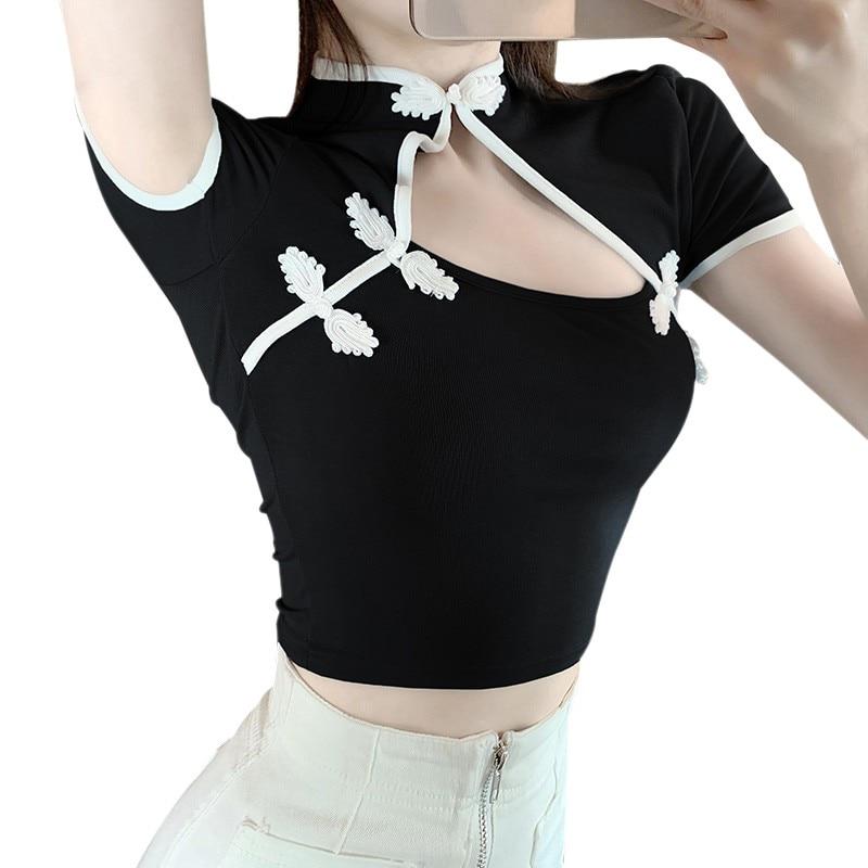 

Женская контрастная цветная сексуальная футболка с коротким рукавом Cheongsam L