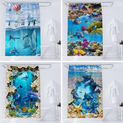 Ocean Underwater World Shower Curtain Dolphin Turtle Cute Creative Personality Print Polyester Bathroom Curtain Decor With Hooks