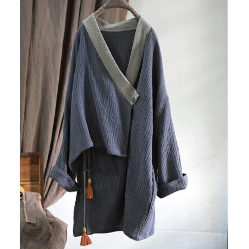 Johnature Distress Lin Kinesisk Skjorte Høst Kvinne Mote Vintage Ensfarge Løs Casual skjorte