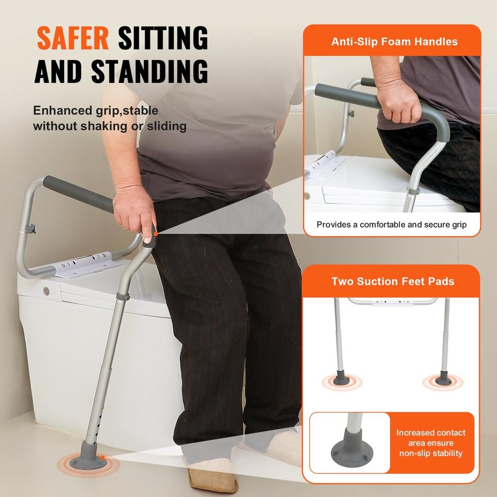 Toilet Safety Rail, Bathroom Toilet Seat Frame, Adjustable Width & Height Fit Most Toilets, Supports 300lbs, Toilet Handles Grab Bars with Padded