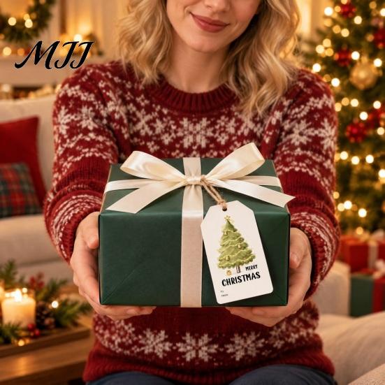 Christmas Package Accessories 60 Pcs Tree Gift Tags with Hemp Rope, Watercolor Xmas Coated Cardboard Winter Holiday Paper Tags, Merry Hanging