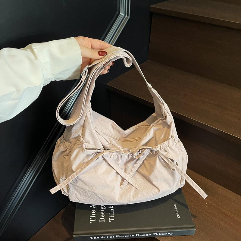 Solid Color Ruched Design Ladies Nyl Cloth Shoulder Bags Large Capacity Female Crossbody Bag Sweet Bow Strap Women's Handbags