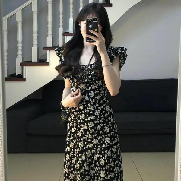 Coffee Break French Hepburn Style Black Floral Dress Children's Summer New Temperament Waist Long Dress Advanced