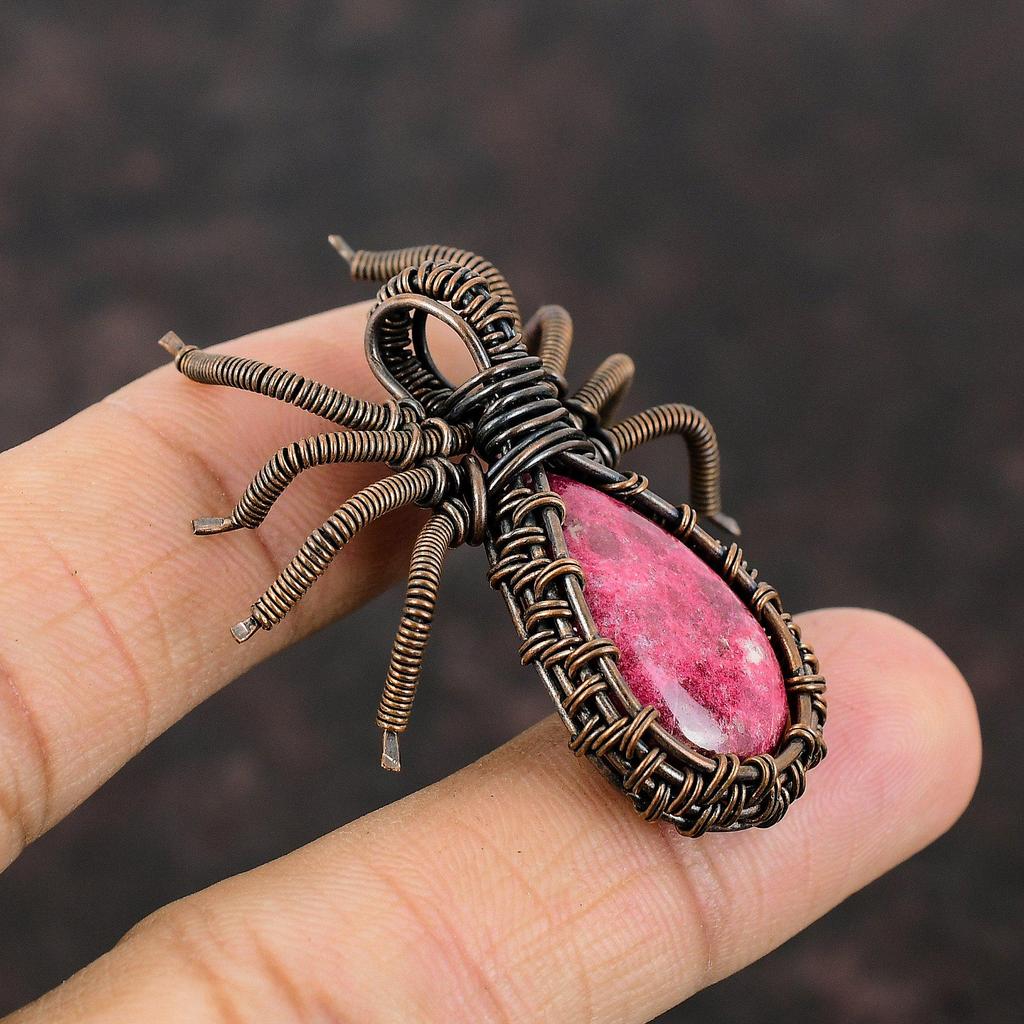 Thulite Copper Pendant Copper Wire Wrapped Jewelry Handmade Spider Pendant Gemstone Copper Pendant Gift For Him Wire Wrap Pendant For Women