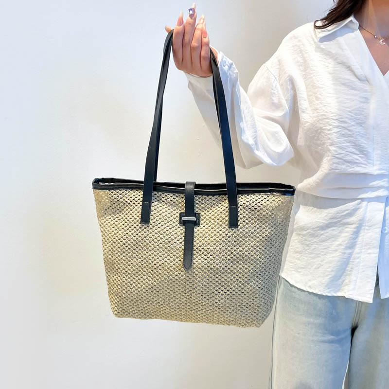 

Премиальная текстура повседневная персонализированная плетеная сумка-тоут из соломы женская для работы, поездок, студентов на занятия, новая летняя на плечо чёрный