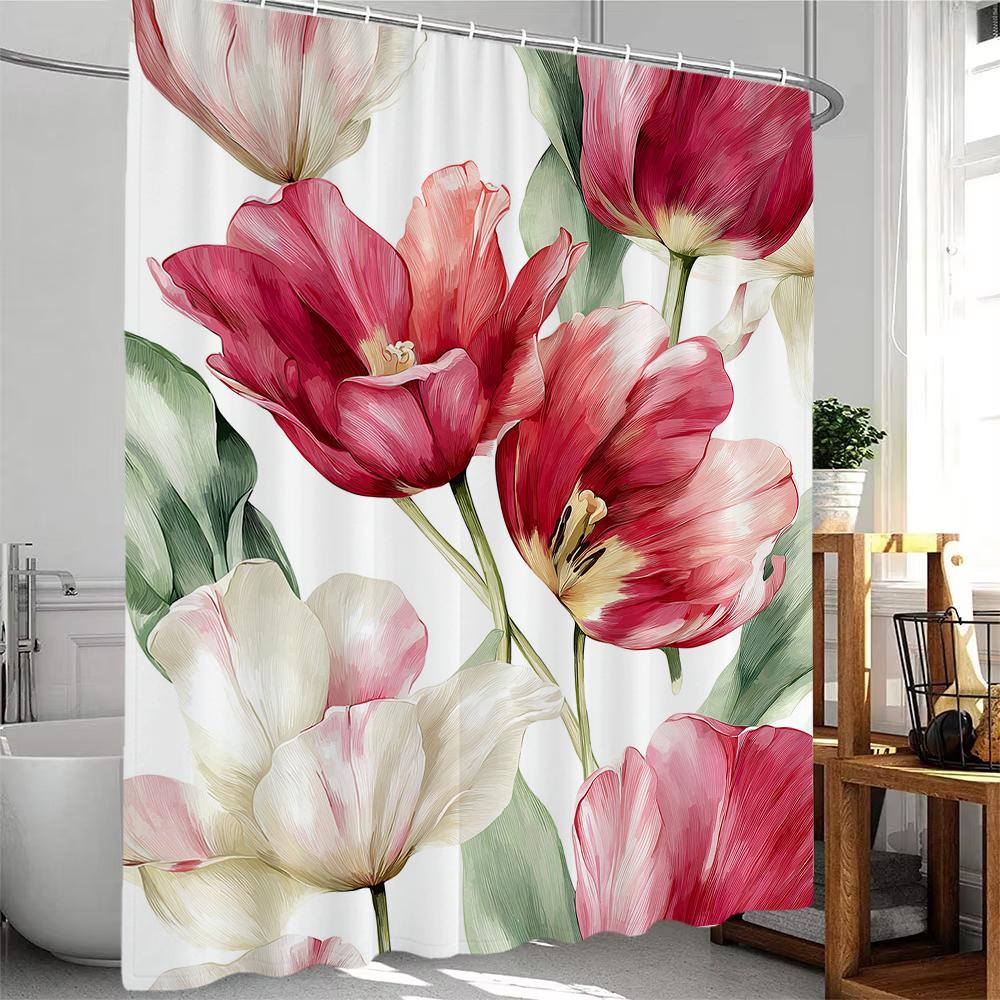 1 Piece Beautiful Flowers And Plants Shower Curtain, Bathroom Decorative Shower Curtain, Waterproof Shower Curtain With Hook