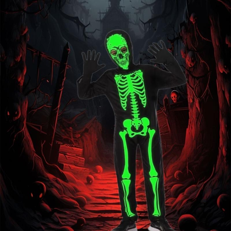 Bright Skeleton Costume For Children Halloween Party Full Body Jumpsuit Easy Zipper Closure Comfortable Wear