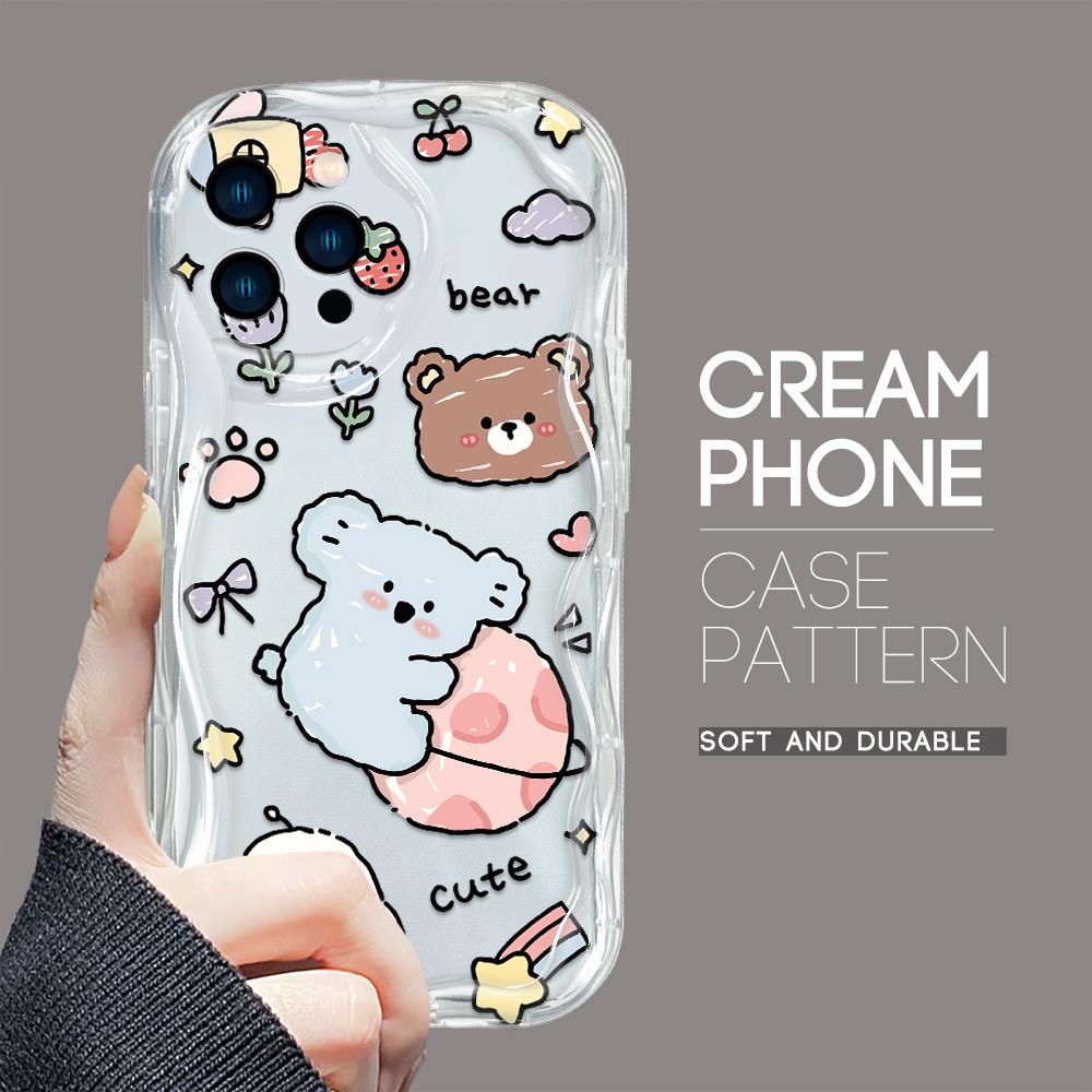 For iPhone 16 15 14 13 12 Samsung S24 S23 S22 A06 A13 A14 A15 A16 A55 Redmi Note 13 12 Cartoon Lovely Bear Design Soft Silicone Wave Edge Phone Case