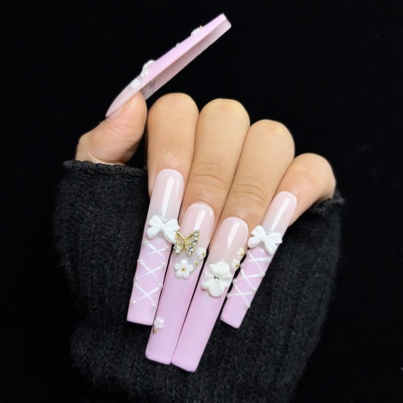 Long Style 3D Embossed Bow Nail Tips Handmade Press-On Nails Women Floral Butterfly Design