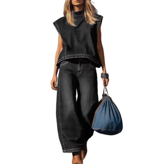 Summer 2 Piece Denim Set for Women Cap Sleeve Mock Neck Top And Wide Leg Pants Set Casual Loose Loungewear Outfit