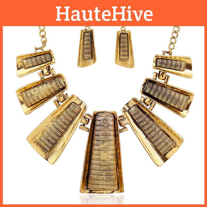 Fashionable Exaggerated Geometric Trapezoid Short Gold Necklace Earrings And