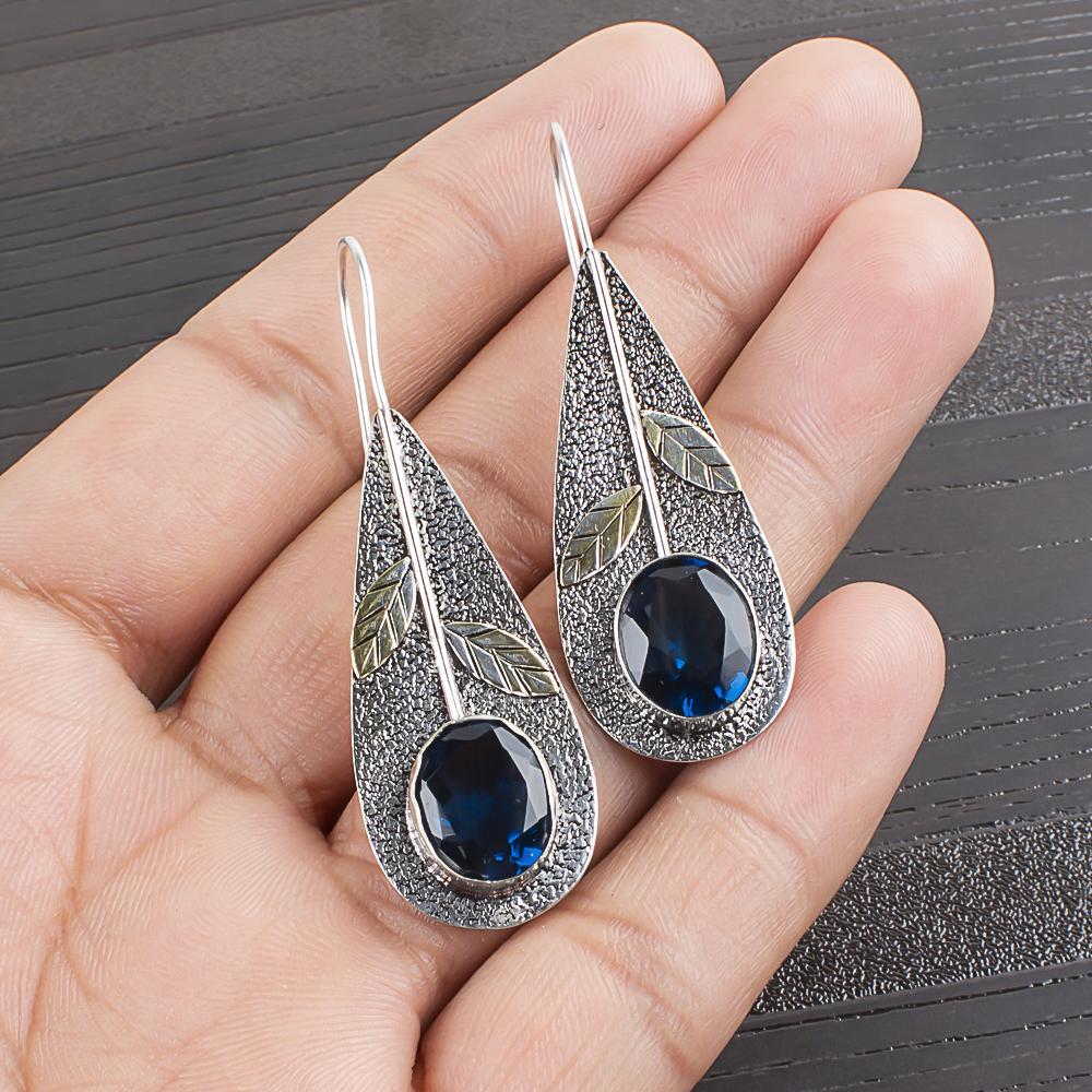 

Лондонский голубой топаз 925 пробы стерлинговое серебро серьги, серьги с драгоценными камнями ручной работы, подарки для жены совершенно новые серьги 2.00 Inches синий