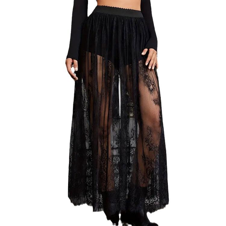 European and American women's summer new dark gothic lace sheer skirt, long skirt, gothic trending buzzword