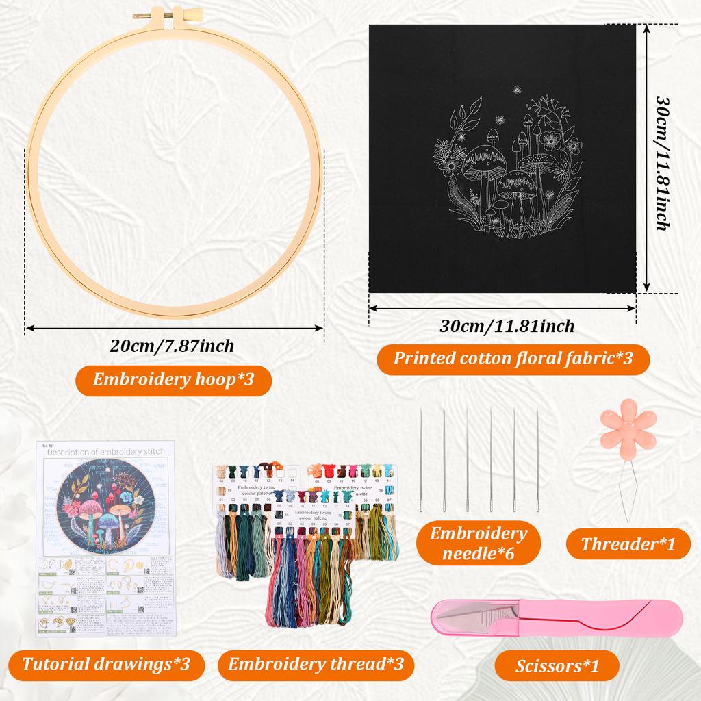 Mushroom Embroidery Kit 3 Cloth and Hoop Embroidery Kit with Pattern for Beginner Adult for DIY Handcraft Enthusiast