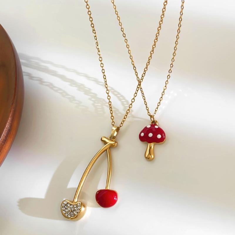 Simple Cherry Mushroom Drop Oil Pendant Neckchain Stainless Steel Layering Necklace Jewelry For Women Daily Wear