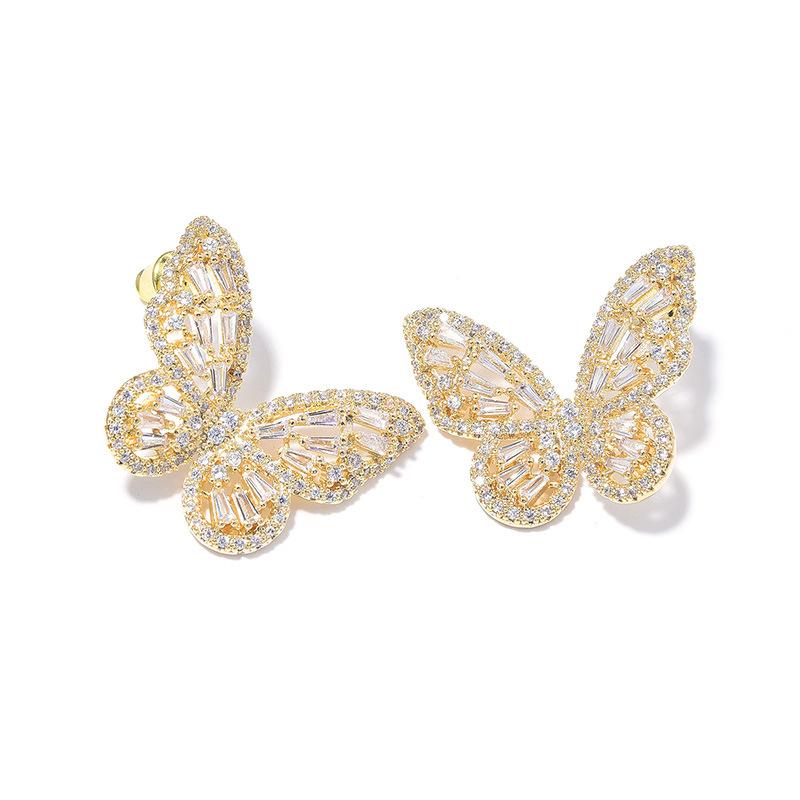 Luxury Atmosphere Zircon Butterfly Temperament Stud Earrings Women'S Senior Sense Real Gold Electroplating S925 Silver Needle Earrings