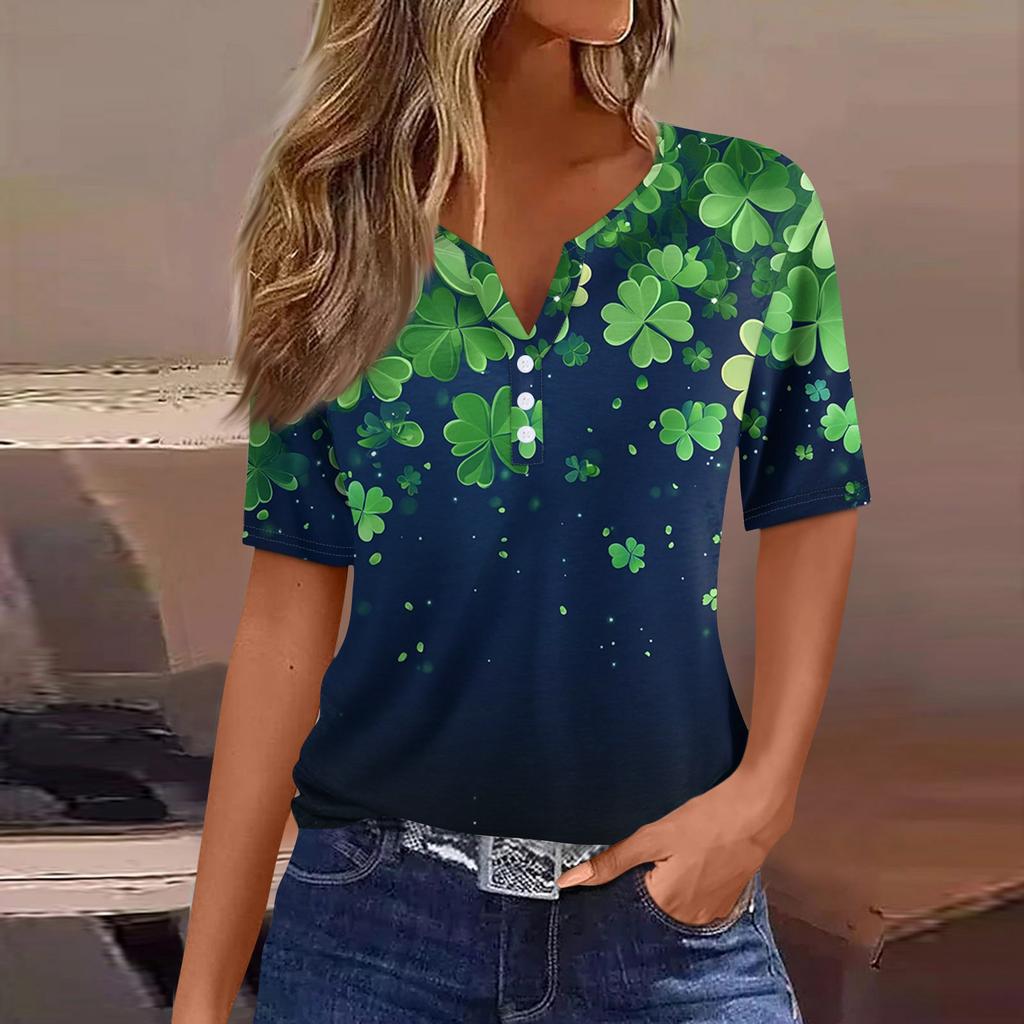 Damen T-Shirt Tee Print Knopf Kurzarm Täglich Wochenende Mode Basic V-Ausschnitt Reguläres Oberteil St. Patrick's Day