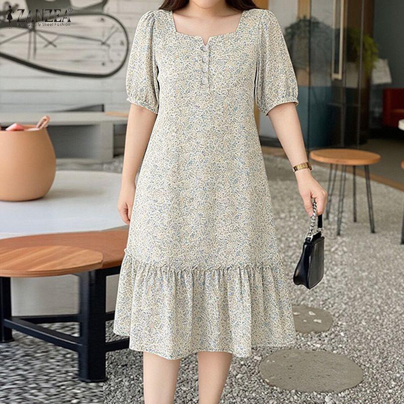 ZANZEA Women Casual Square Collar Summer Short Sleeve Floral Dress