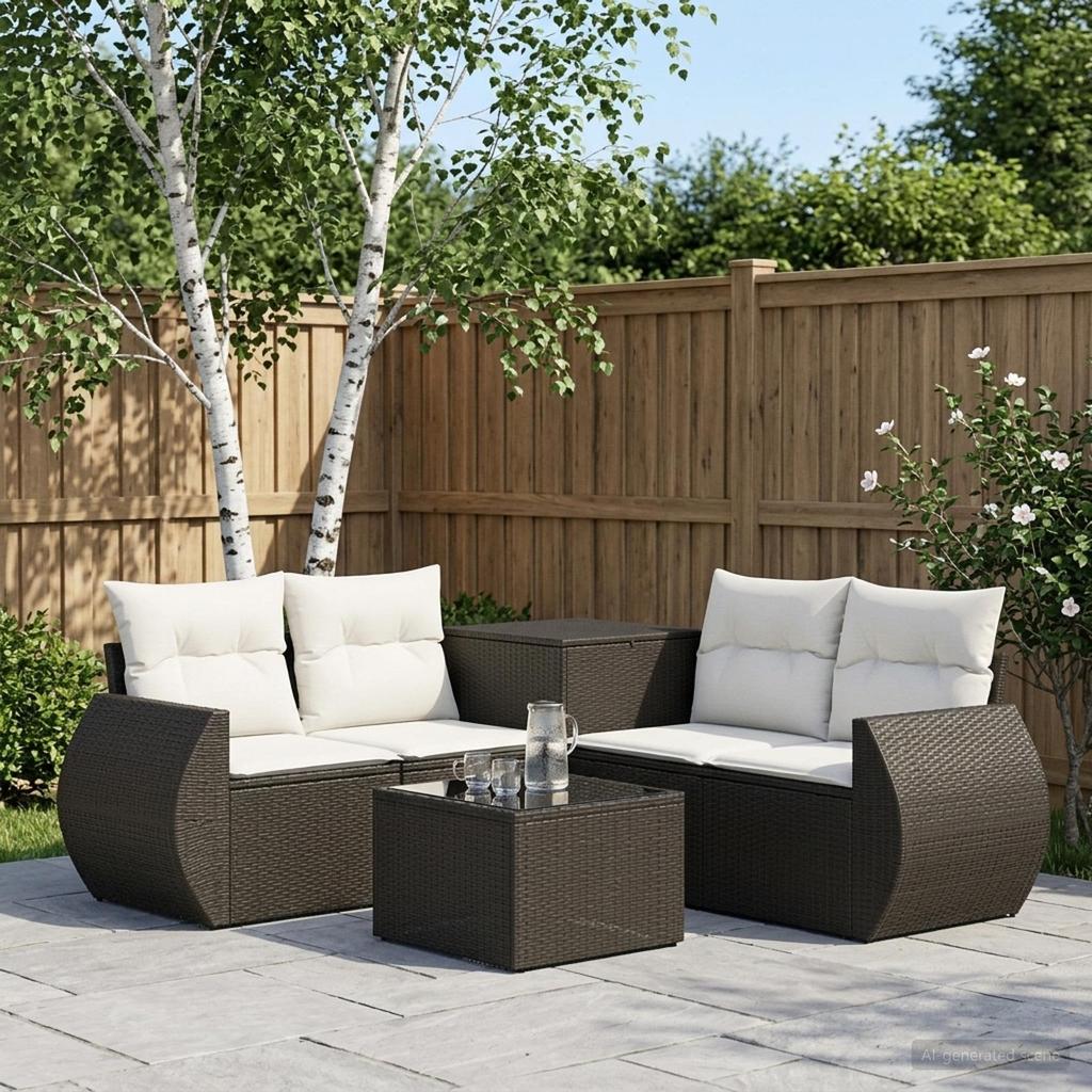 Sofa Set 6 pcs. Black and Cream White Poly Rattan and Steel